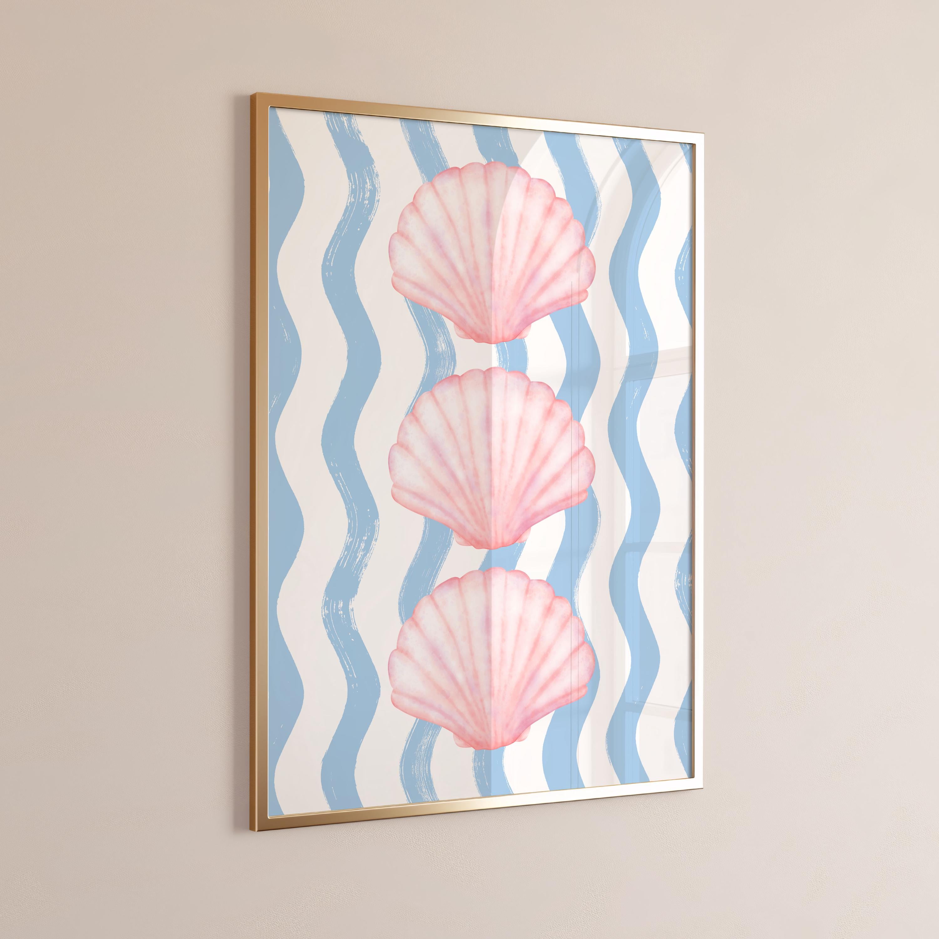Pink and Blue Coastal Print - Pink Seashell & Blue Wavy Stripes. Cute Coastal Wall Art for Summer Dorm Decor, Aesthetic [Digital Download]