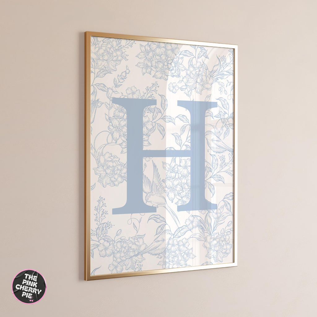 Custom Blue Floral Initial Print - Letter Wall Decor, Light Blue Dorm Art, Personalized Bedroom, Cute & Girly Name Letter Artwork [Digital]