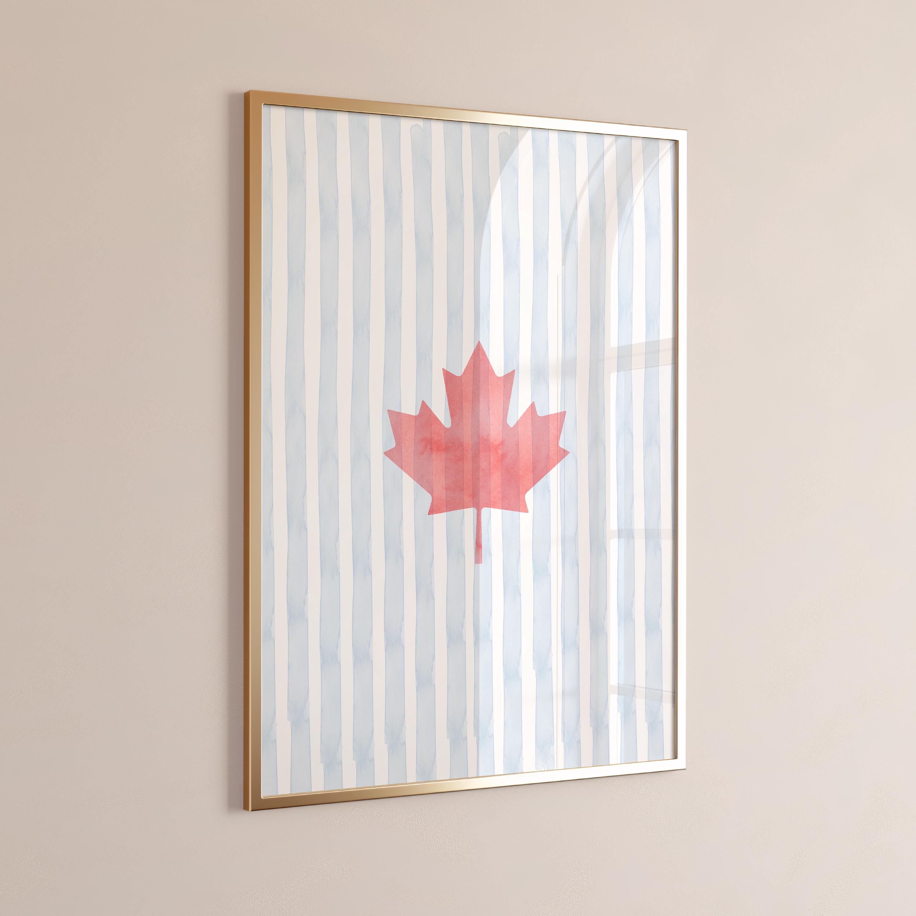 Coastal Canada Watercolor Blue Striped  Flag Wall Art – Red Maple Leaf Poster | Red & Blue Striped  Patriotic Coastal Decor Rustic Cabin