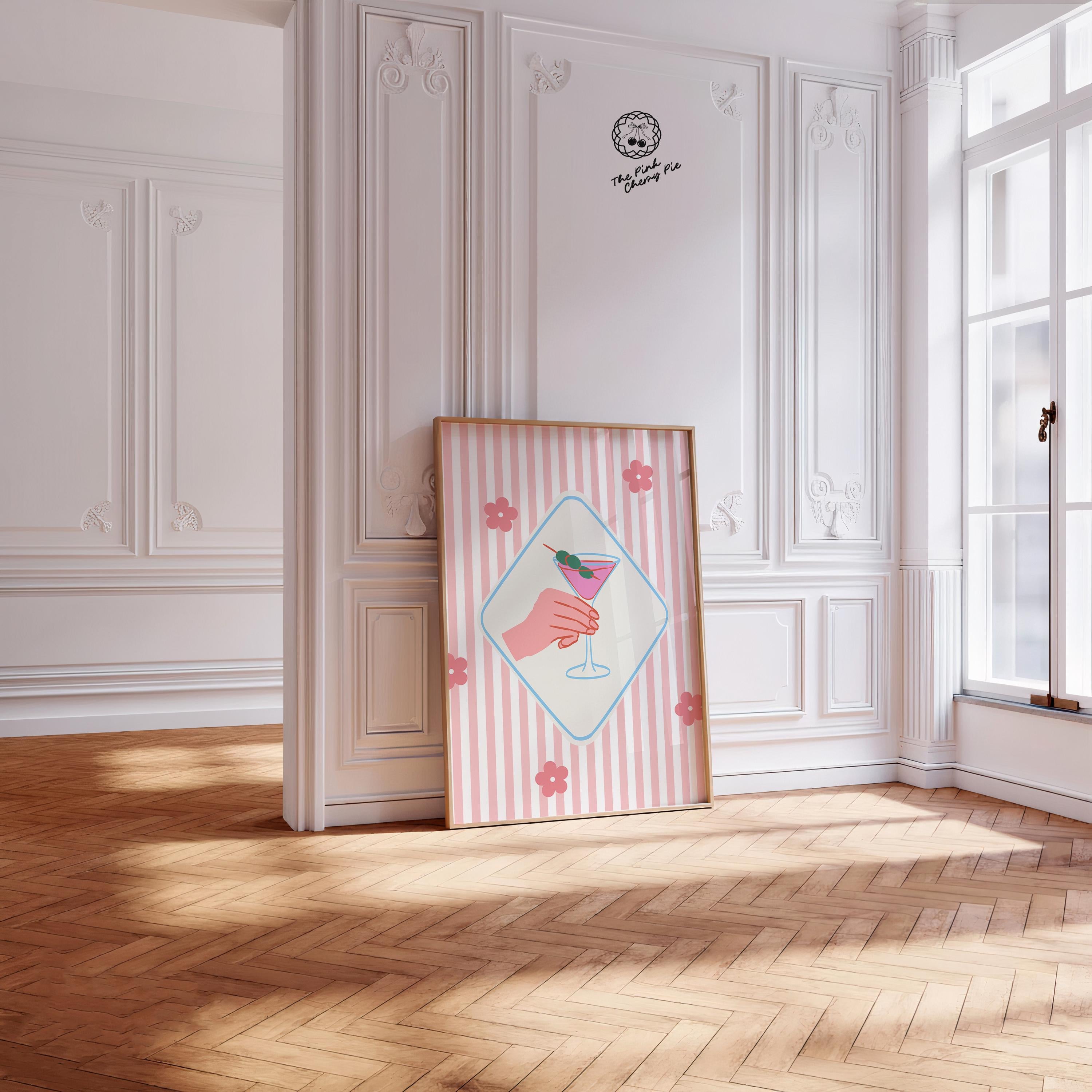 Blue Striped Pink Martini Print, Martini Wall Art, Fun Cocktail Poster, Bar Decor, Trendy, Retro Cocktail Bar Decor [Digital Download]