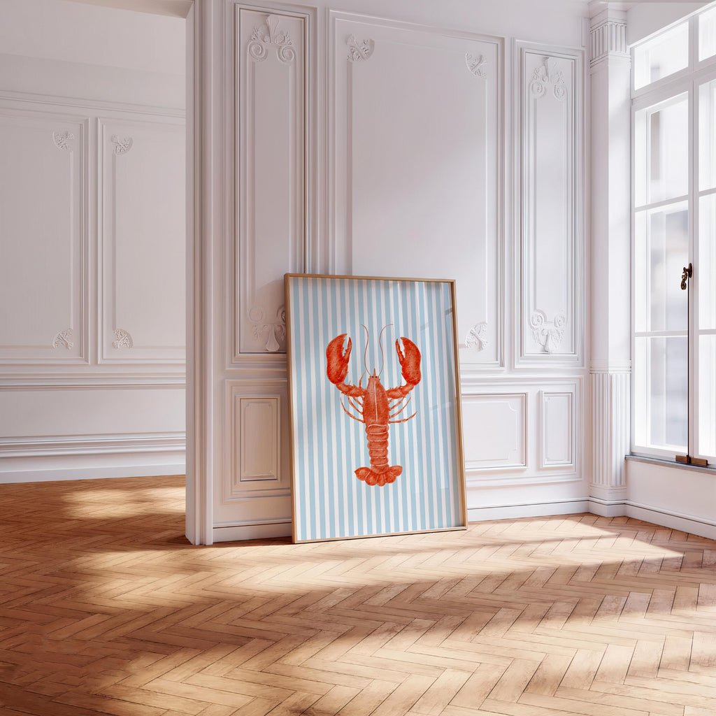 Preppy Lobster Print on Blue Stripes, Coastal Wall Art, Nautical Beach House Decor, Printable Seaside Art [Digital Download]