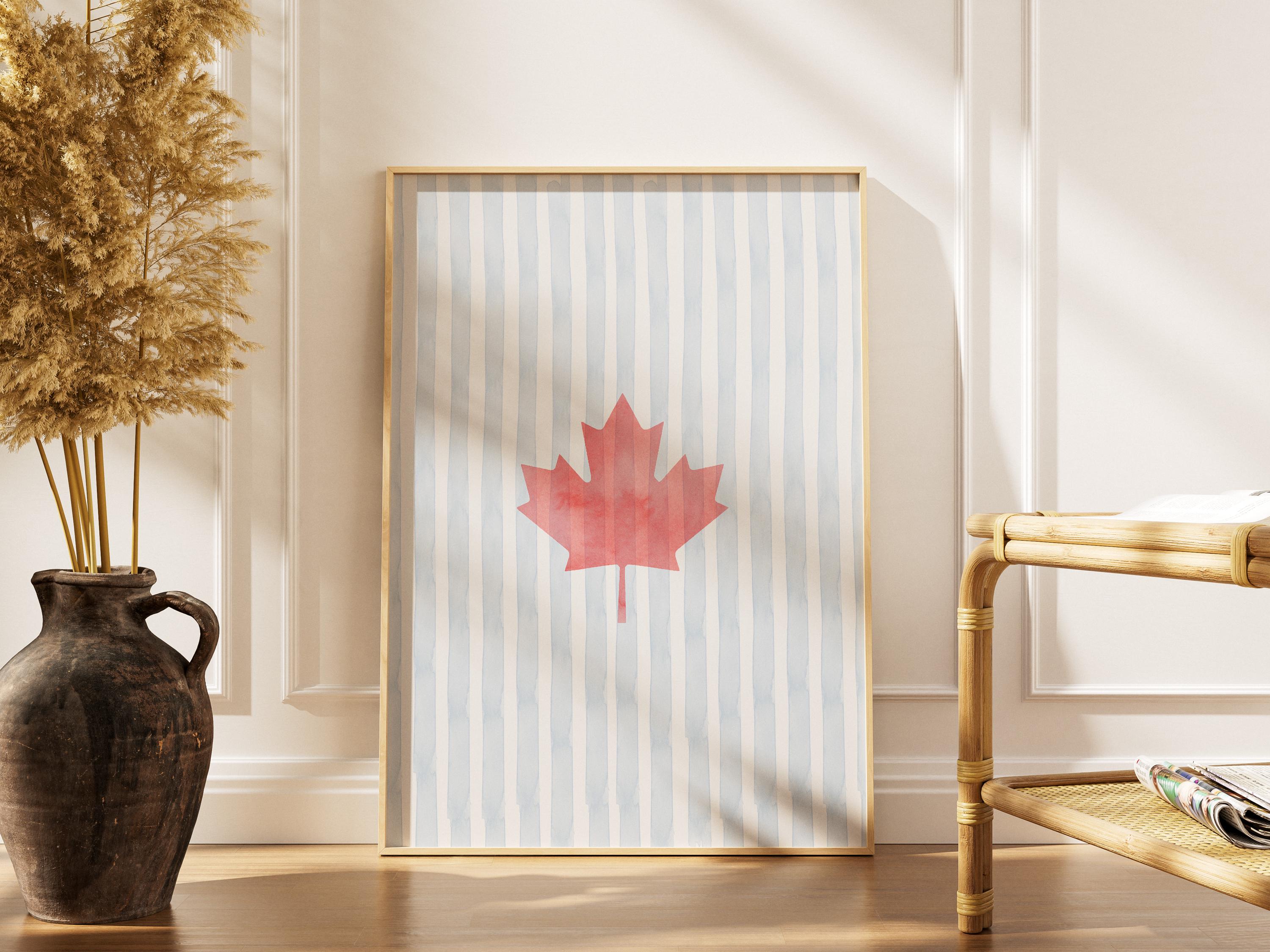 Coastal Canada Watercolor Blue Striped  Flag Wall Art – Red Maple Leaf Poster | Red & Blue Striped  Patriotic Coastal Decor Rustic Cabin