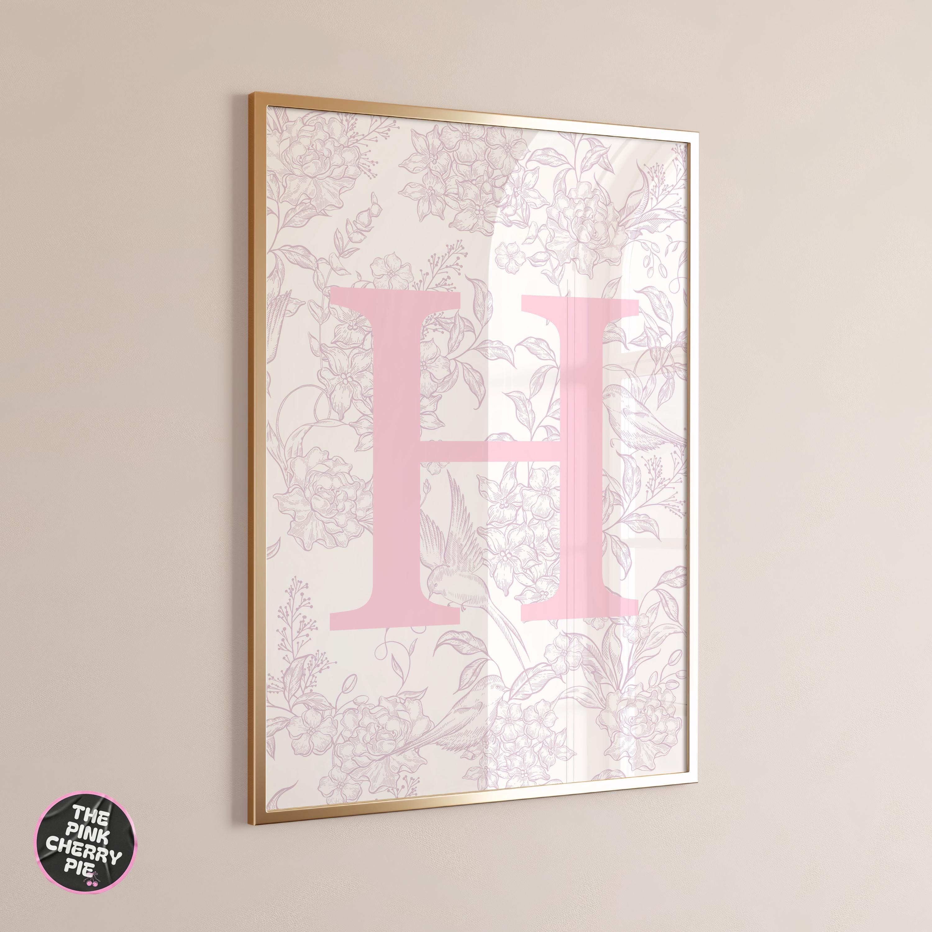 Custom Pink Floral Initial Print - Letter Wall Decor, Light Blue Dorm Art, Personalized Bedroom, Cute & Girly Name Letter Artwork [Digital]