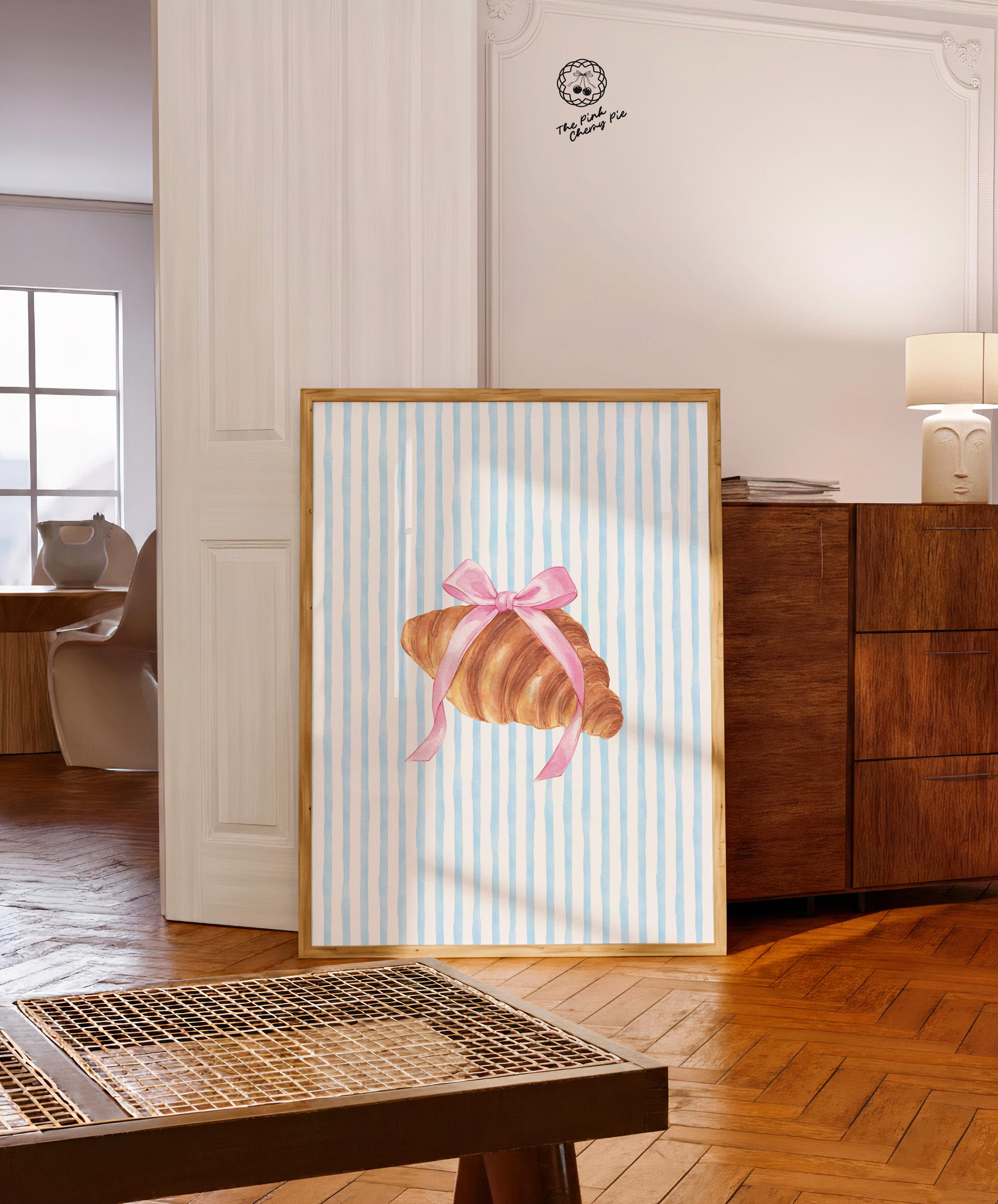Croissant with Pink Bow Digital Print, Blue Stripes, French Coquette Room Decor, Soft Girl Aesthetic, Girly Printable Poster, Dorm Room