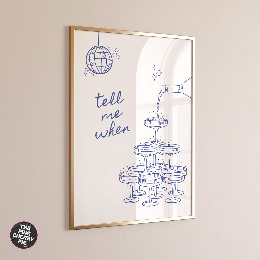 Tell Me When Retro Champagne Print - Blue Bar Cart Print, Trendy Kitchen Wall Art, Bar Cart Wall Art, Printable Kitchen Bar Print [Digital]