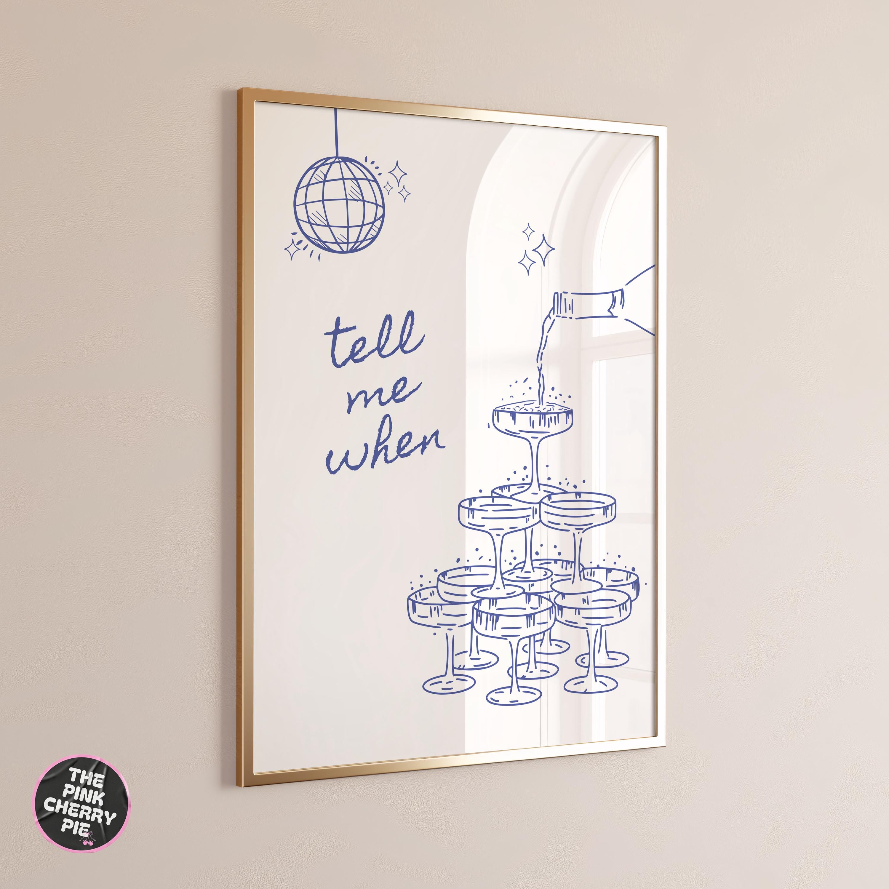 Tell Me When Retro Champagne Print - Blue Bar Cart Print, Trendy Kitchen Wall Art, Bar Cart Wall Art, Printable Kitchen Bar Print [Digital]