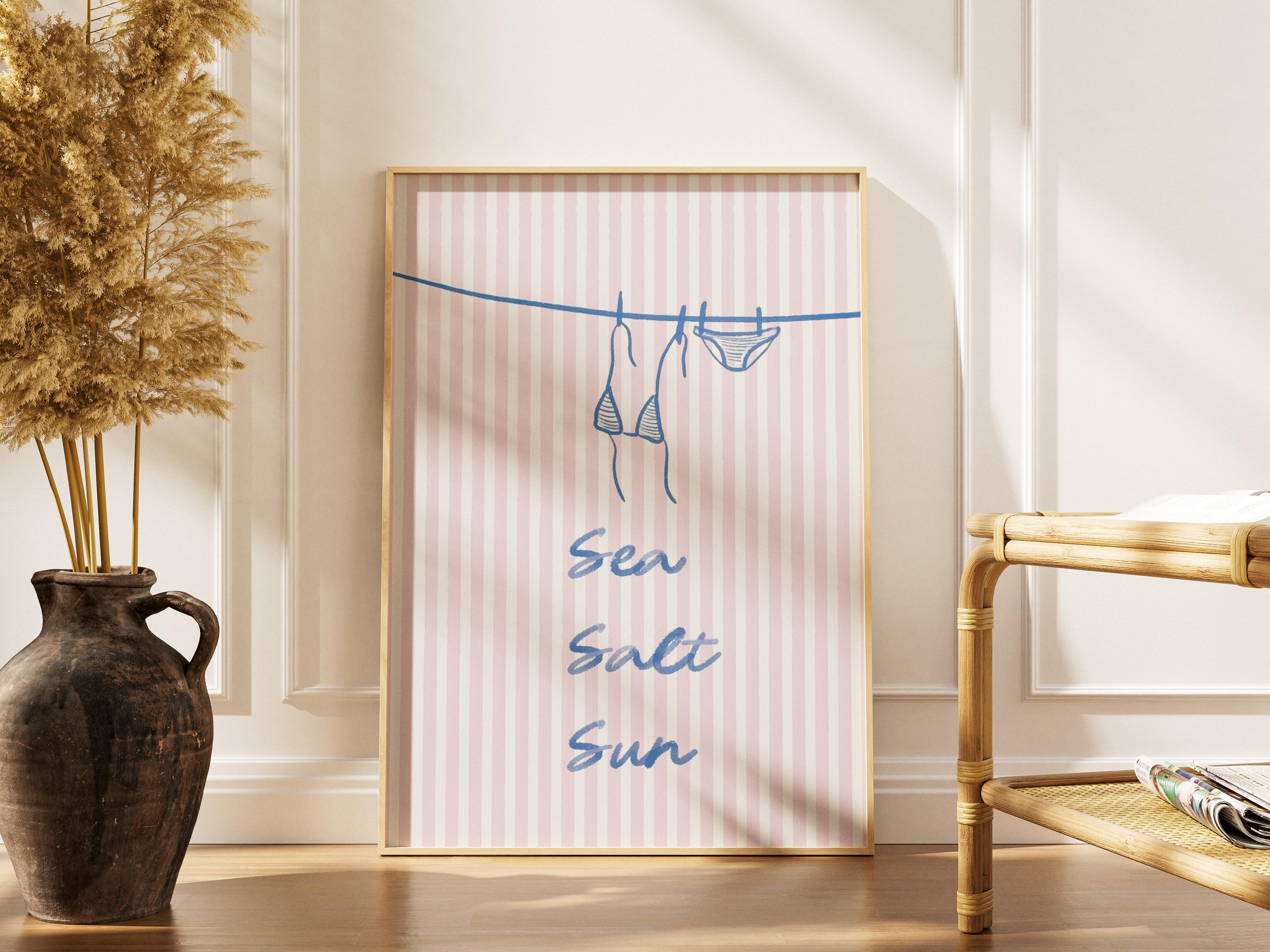 Pikini Sea Salt Sun Watercolor Beachy Wall Art – Minimal Coastal Typography Print | Summer Beach House Decor, Preppy Ocean Quote Poster