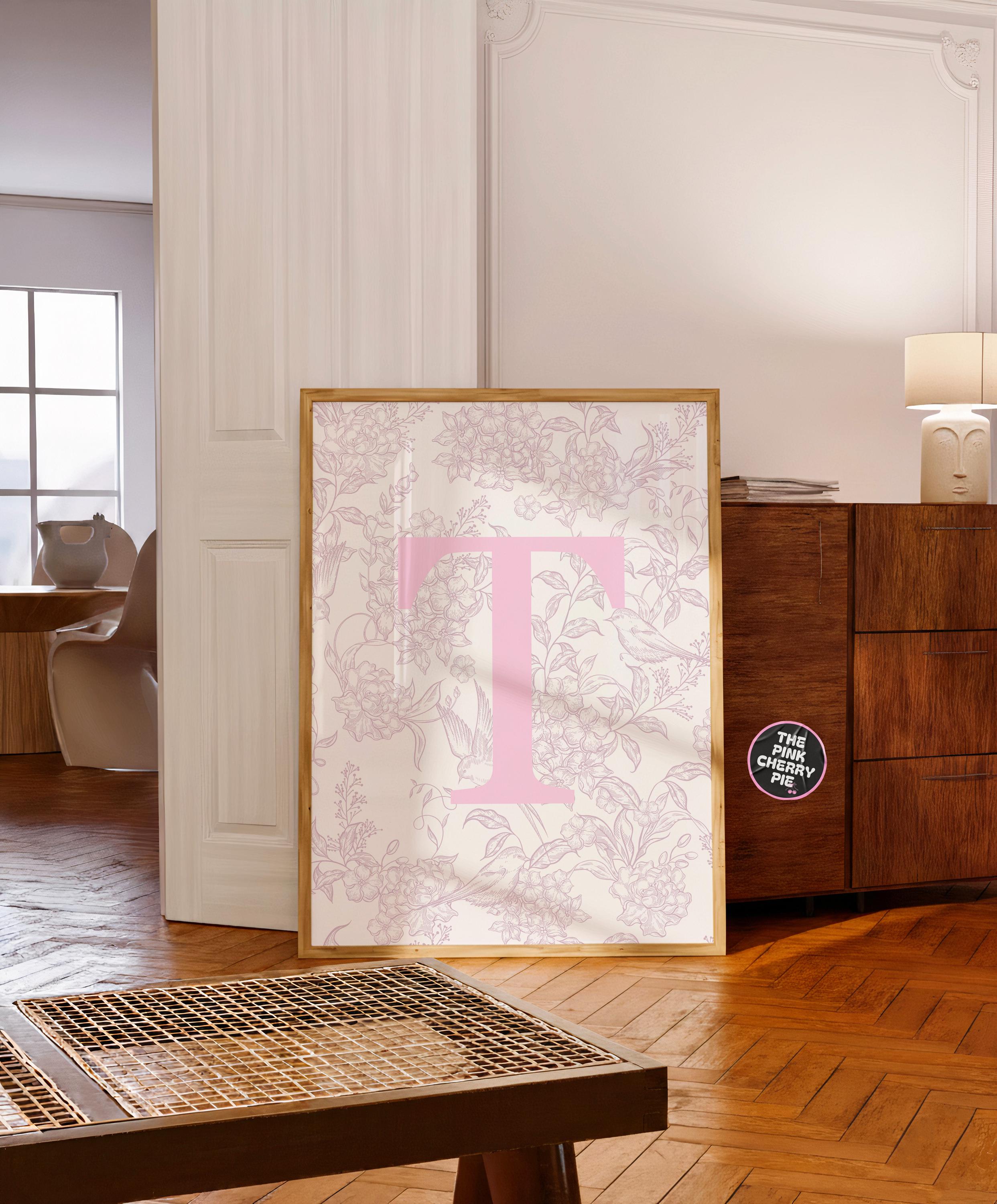 Custom Pink Floral Initial Print - Letter Wall Decor, Light Blue Dorm Art, Personalized Bedroom, Cute & Girly Name Letter Artwork [Digital]