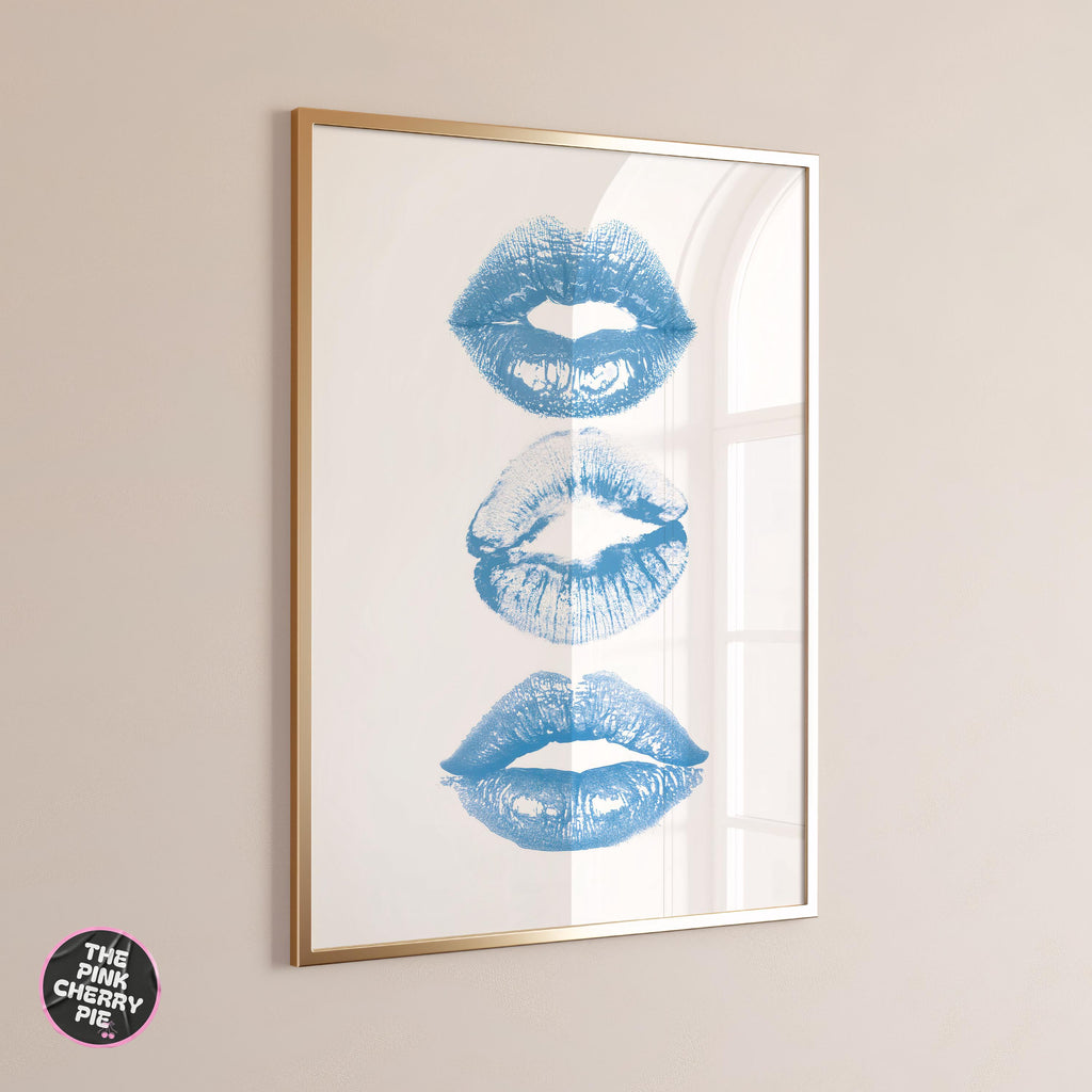 Blue Lips Print: Minimalist Kiss Lips Poster, Trendy Wall Art, Blue Retro Lipstick Digital Print, Preppy Aesthetic, Dorm Room Decor -Digital