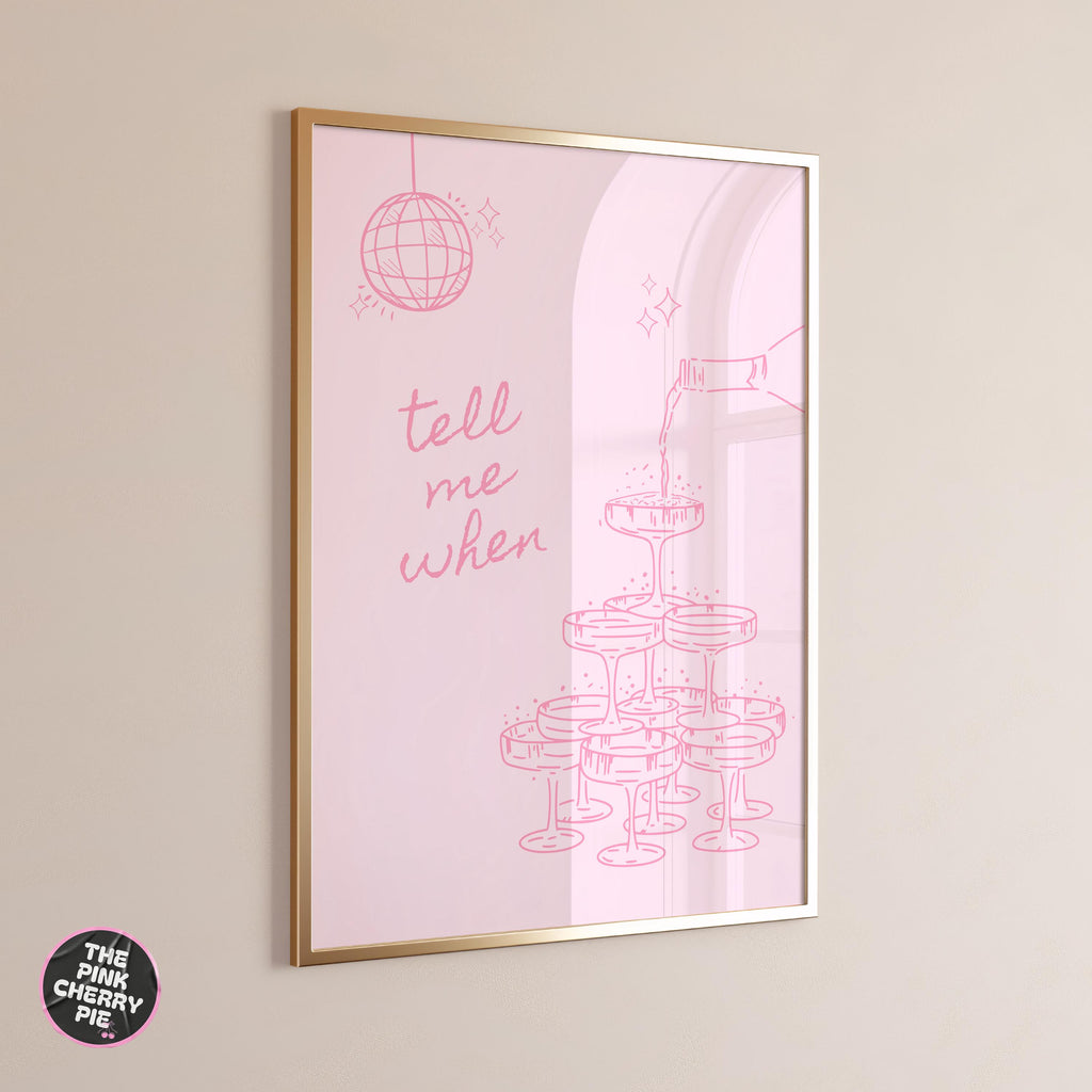 Tell Me When Retro Champagne Print - Pink Bar Cart Print, Trendy Kitchen Wall Art, Bar Cart Wall Art, Printable Kitchen Bar Print [Digital]