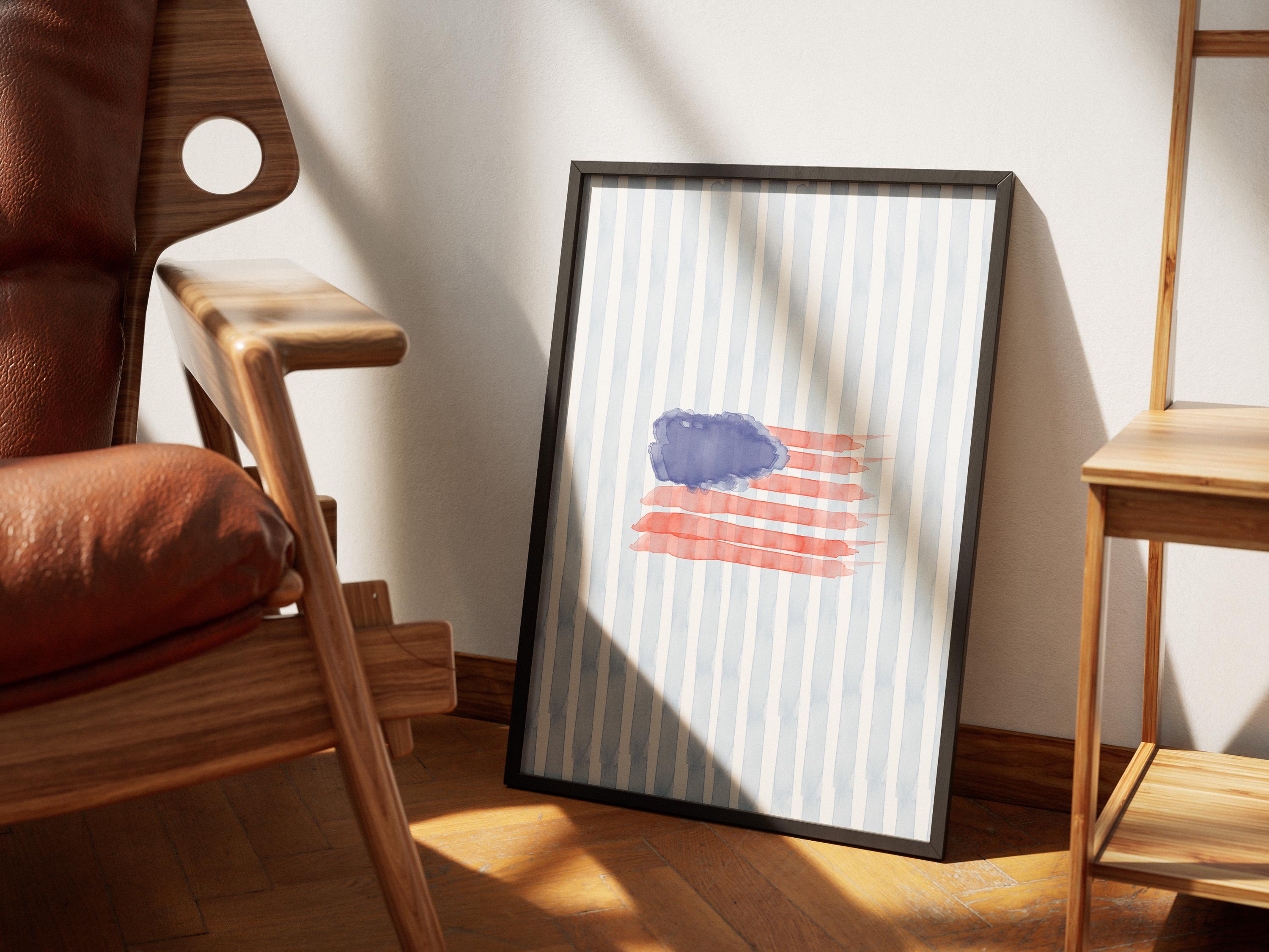 Watercolor American Flag Wall Art – Blue Striped USA Decor for 4th of July, Summer Coastal Style, Patriotic Dorm or Home Print