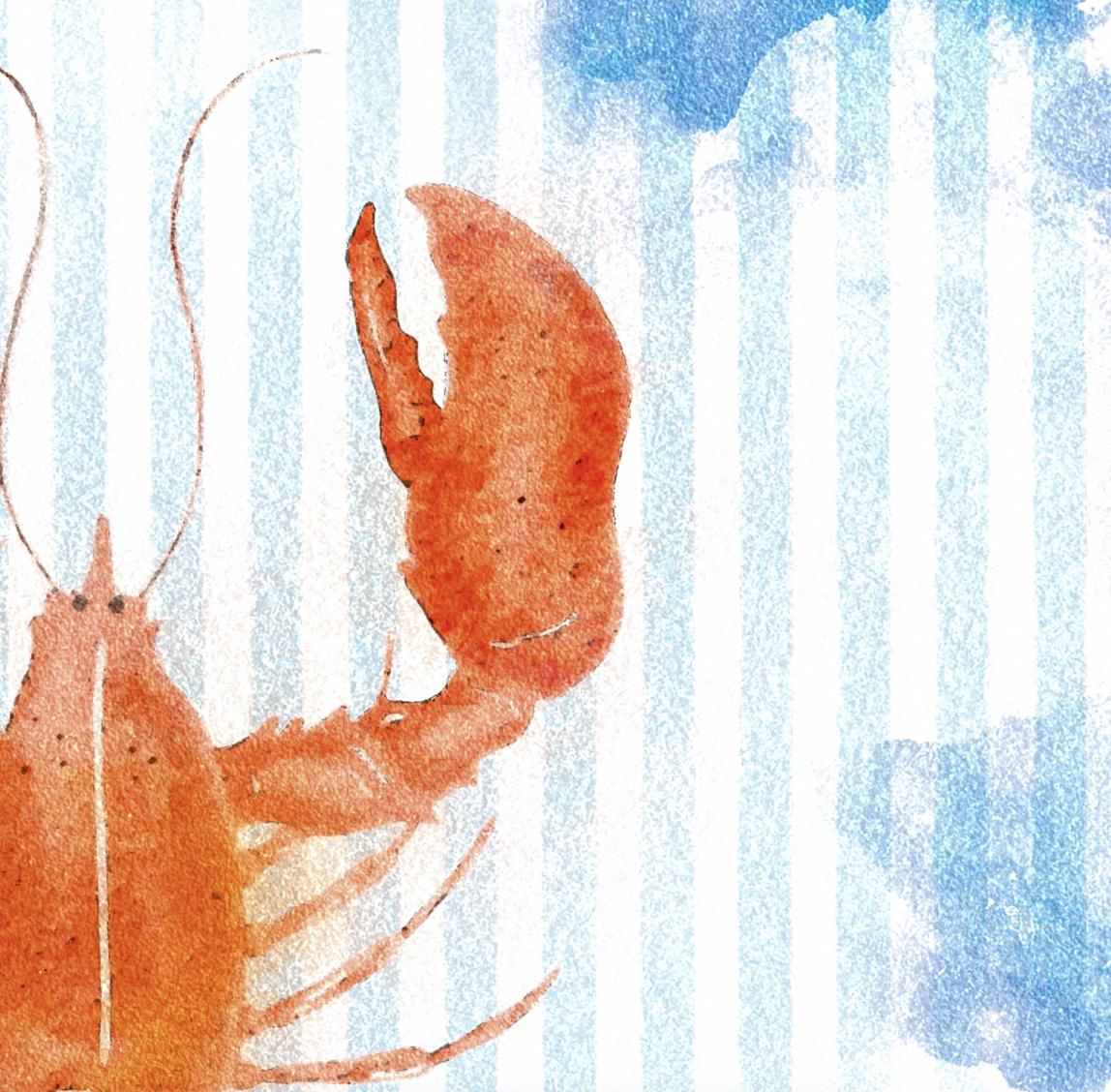 Preppy Lobster Watercolor Painting Print on Blue Stripes, Coastal Wall Art, Nautical Beach House Decor, Printable Seaside Art