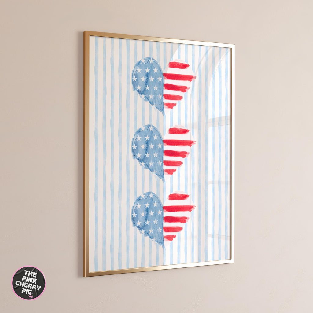 American Flag on Blue Striped Print - Coastal Preppy Wall Art, USA Decor for 4th of July, Summer, Dorm Room Style [Digital]