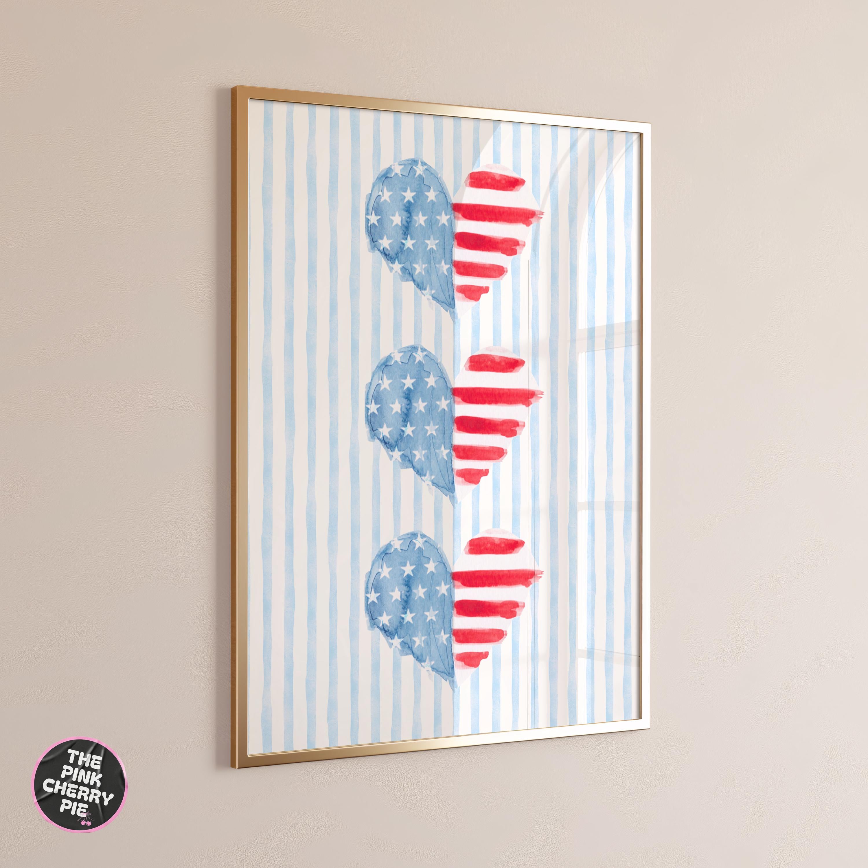 American Flag on Blue Striped Print - Coastal Preppy Wall Art, USA Decor for 4th of July, Summer, Dorm Room Style [Digital]