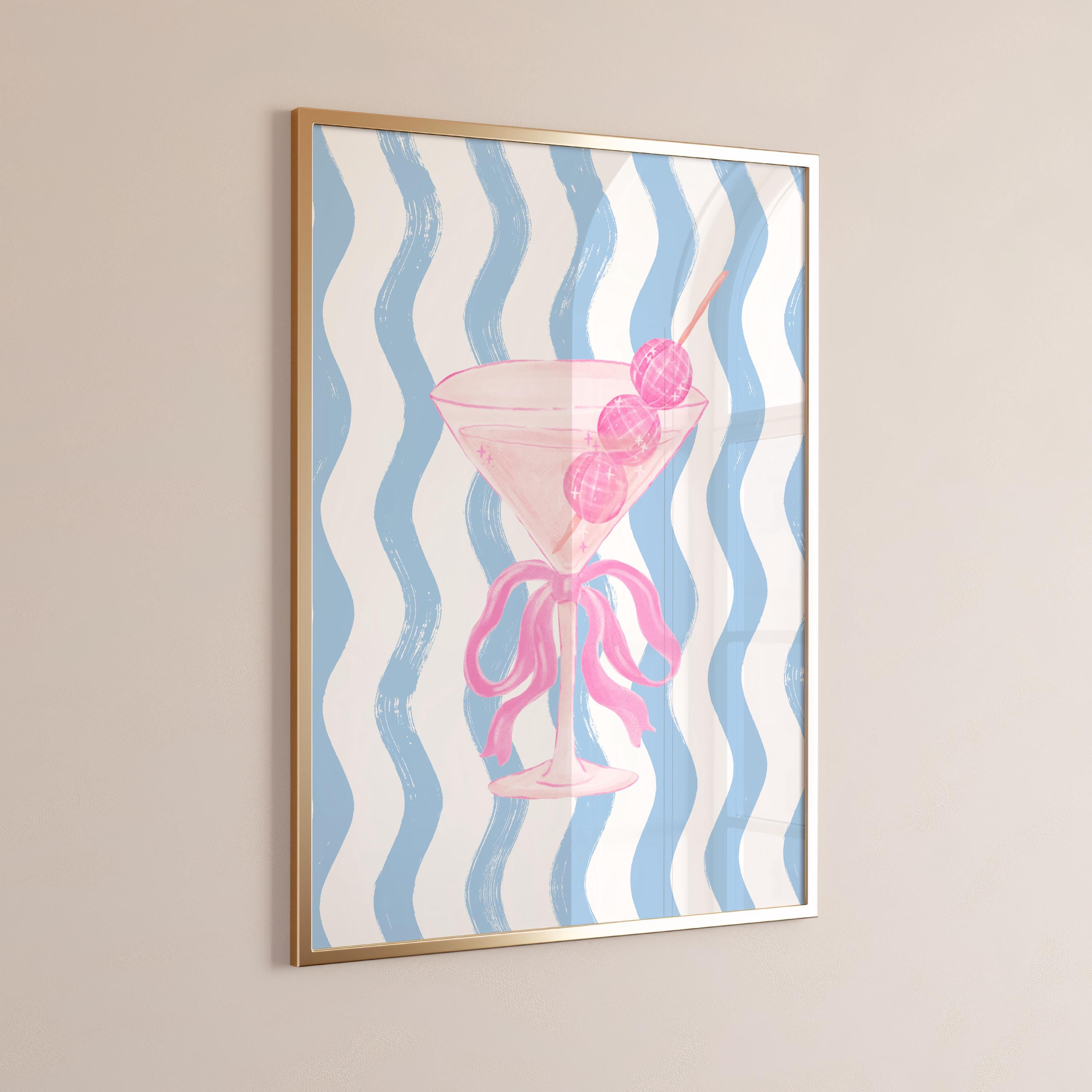Pink Martini Wall Art with Bow, Disco Ball Poster, Blue Stripes, Fun Cocktail Poster, Bar Decor, Retro Cocktail Bar Decor [Digital Download]