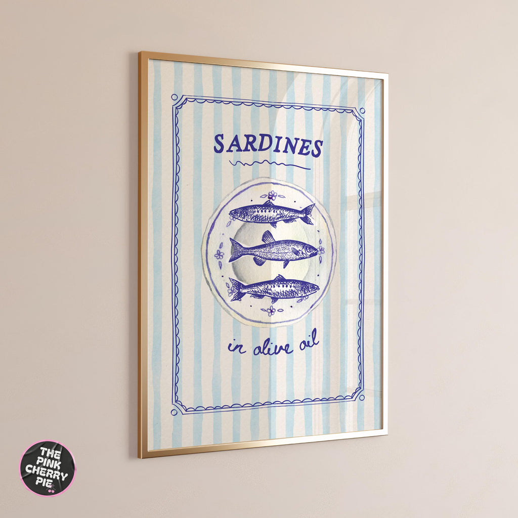 Sardine on Blue Stripes Print - Striped Fish Art, Sardines Wall Art, Vintage Seafood Poster [Digital File]