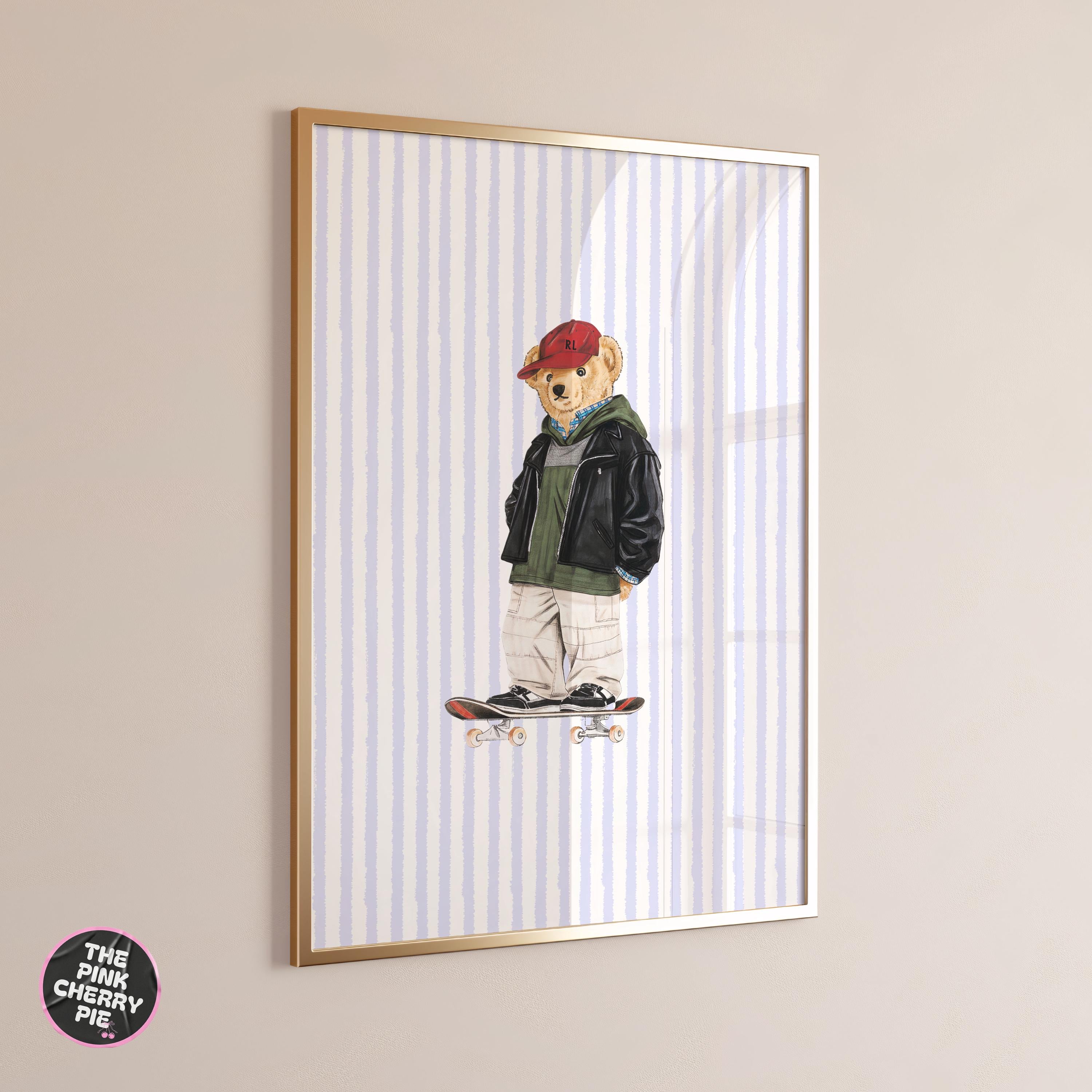 Skate Bear Print - Skateboard Wall Art – skateboard deck art - Blue Stripes Print [Digital File]